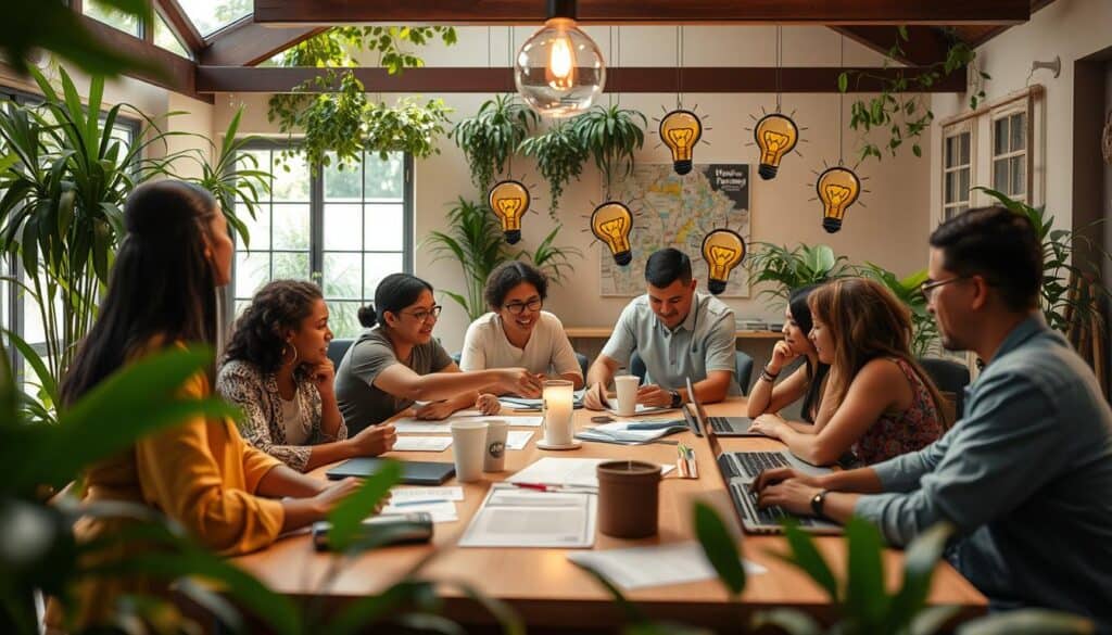 a group of people sitting around a table